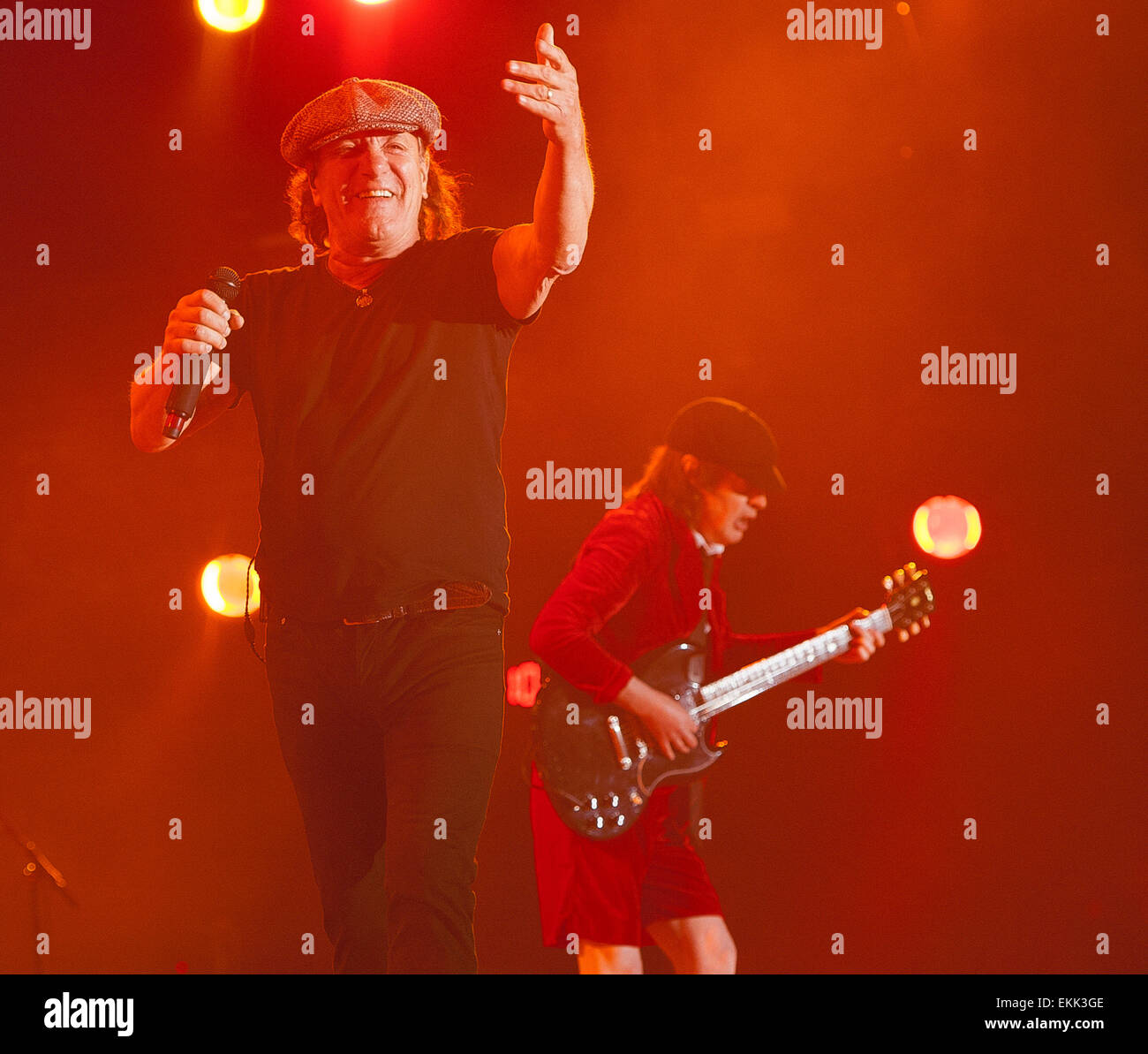 Indio, California, USA. 10th April, 2015. Guitarist ANGUS YOUNG and Singer BRIAN JOHNSON of the band AC/DC performs live as part of the 2015 Coachella Music & Arts Festival that is taking place at the Empire Polo Field. The three day festival will attract thousands of fans to see a variety of artist on five different stages. Copyright 2015 Jason Moore. Credit:  Jason Moore/ZUMA Wire/Alamy Live News Stock Photo