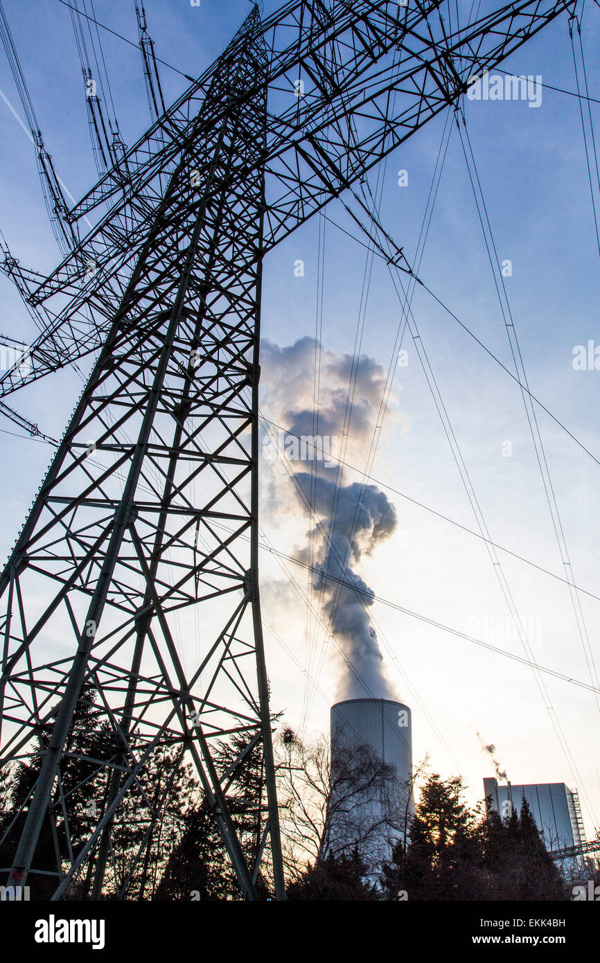 Coal fired power station 'Block 10' in Duisburg Walsum, Germany, power lines, cooling tower, Stock Photo