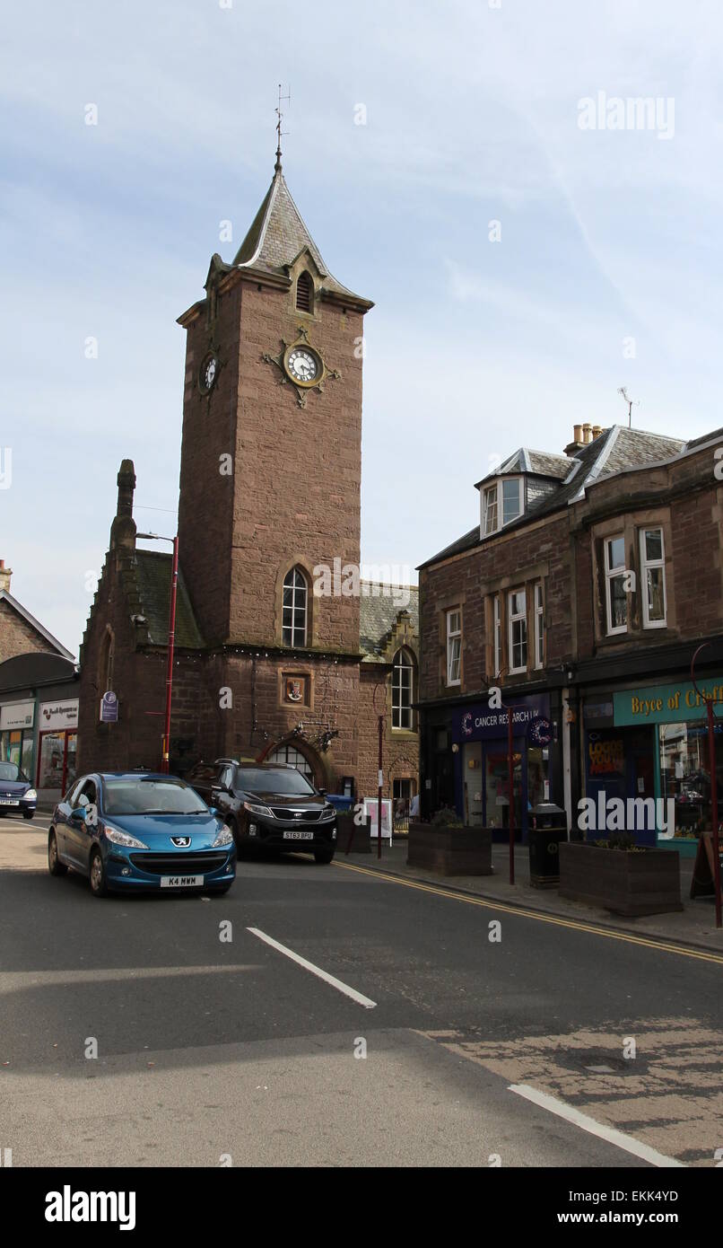 Crieff street scene with old town hall Scotland  April 2015 Stock Photo