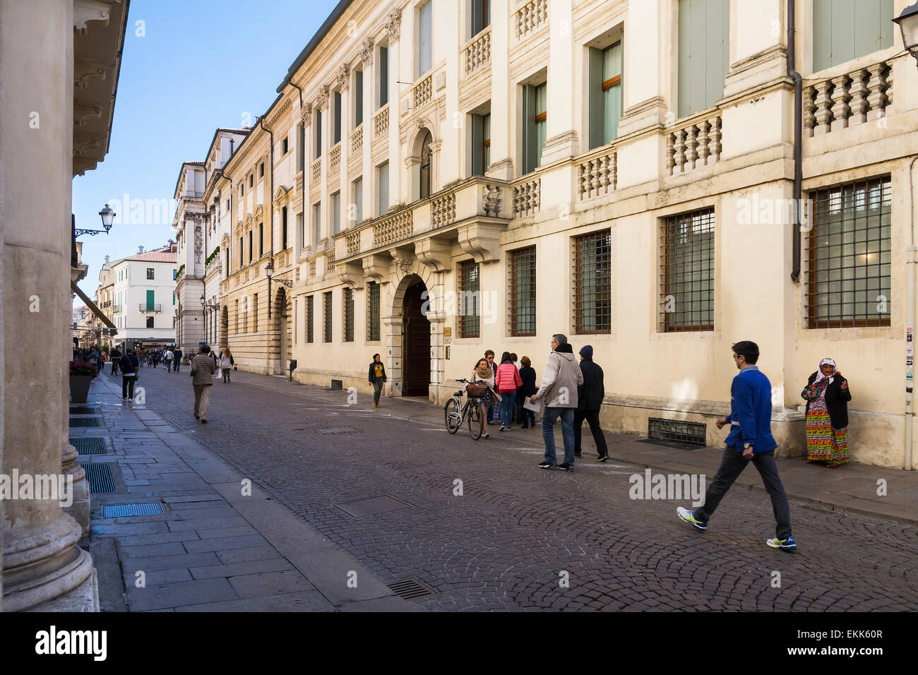 Vicenza,Italy-April 3,2015:People and tourist stroll in the famous Palladio street in the historic centre of Vicenza.Here are ah Stock Photo