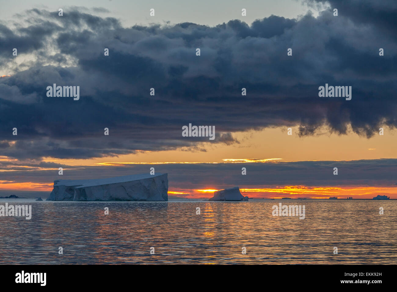 The Midnight sun over the icebergs of the Drake Passage near the Antarctic Peninsula in Antarctica. Stock Photo
