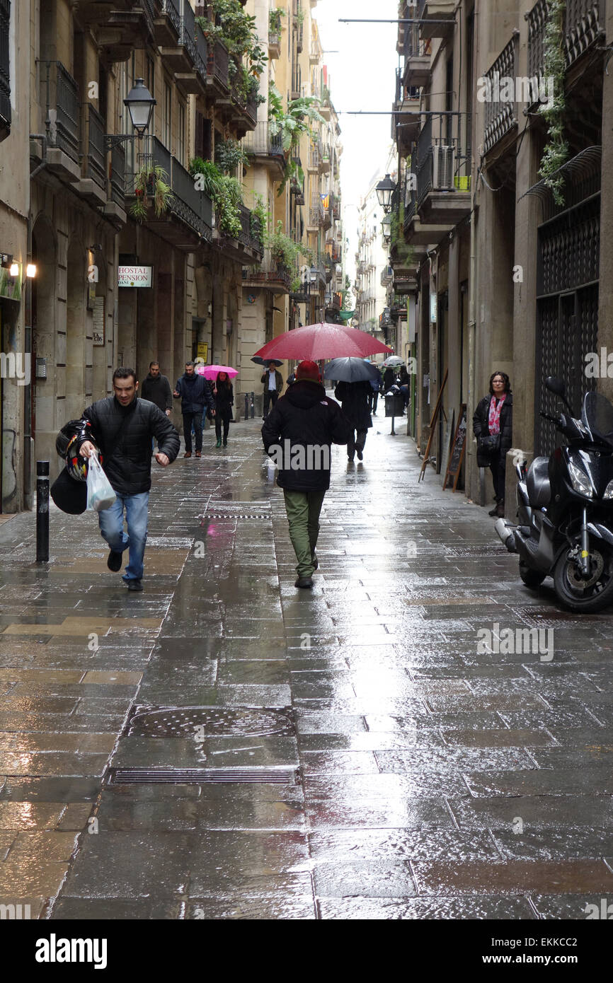 People with umbrellas on rainy day in Barcelona Stock Photo Alamy