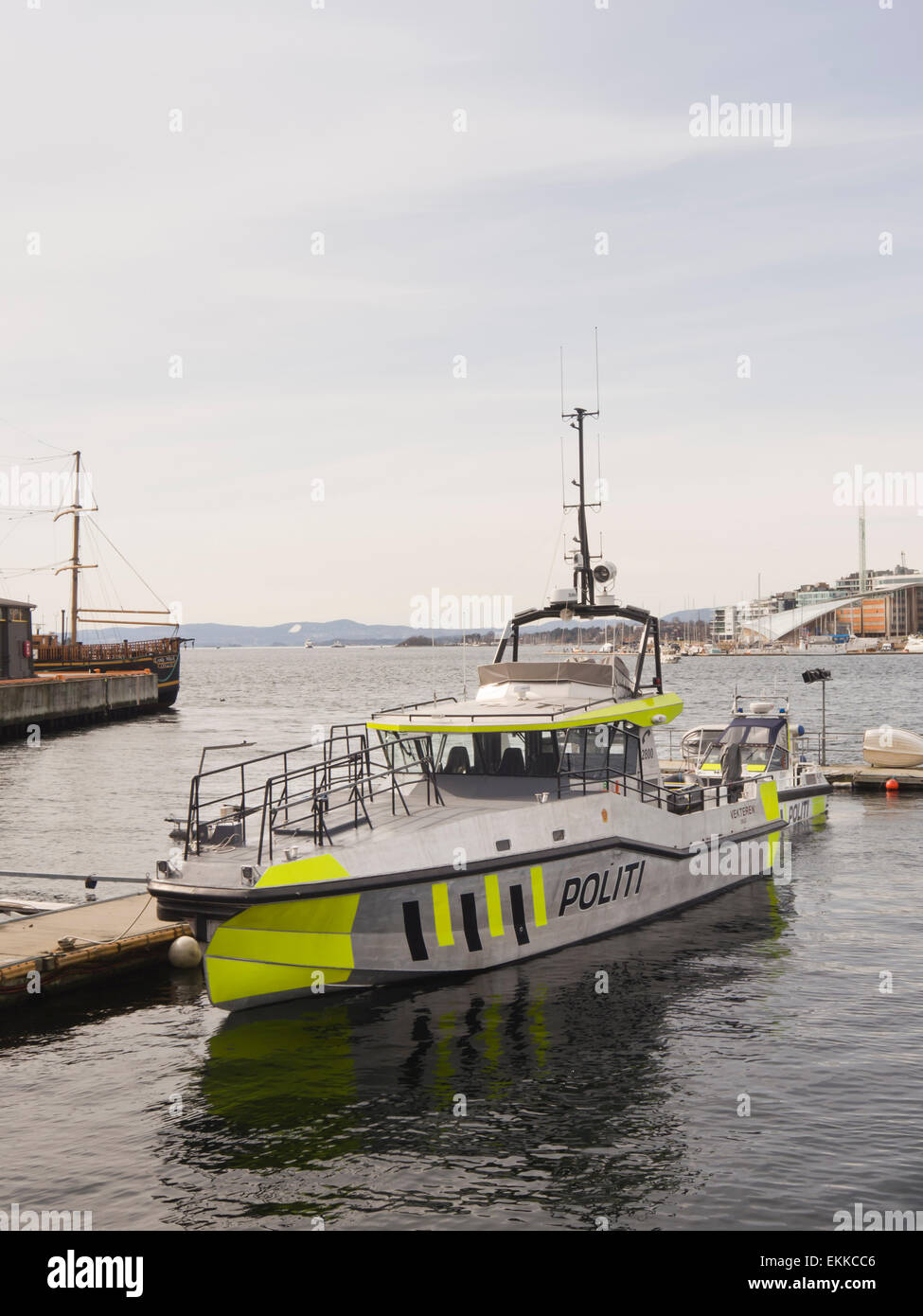 High-speed uniformed police boats in the harbour of Oslo Norway ready for a busy summer season on the fjord Stock Photo