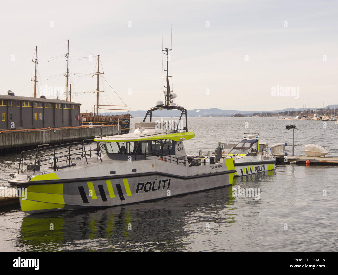 High-speed uniformed police boats in the harbour of Oslo Norway ready for a busy summer season on the fjord Stock Photo