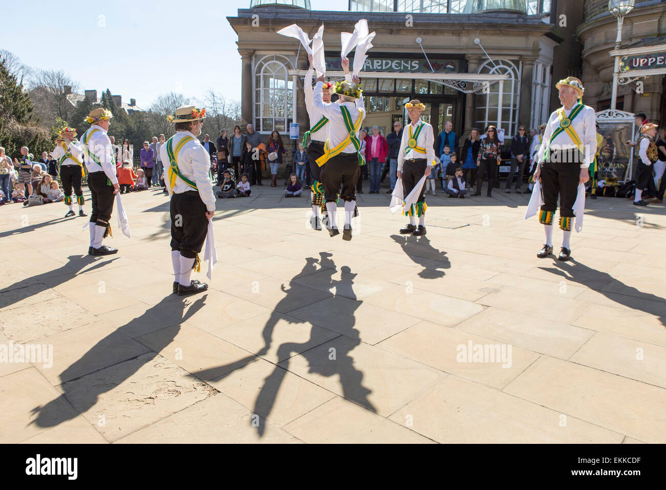 The ChapelenleFrith Morris Men perform their Morris Dance outside the Buxton Opera House