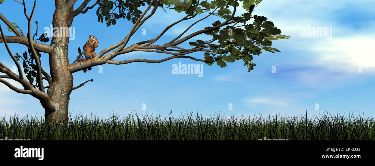 Squirrel eating an acorn on an oak tree by day 3D render Stock Photo