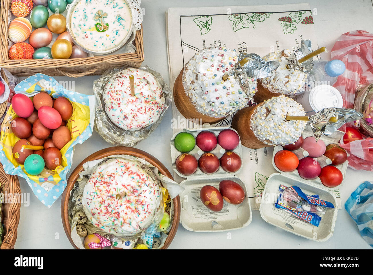 Orthodox Easter celebrations with decorated eggs, cakes and Pascha