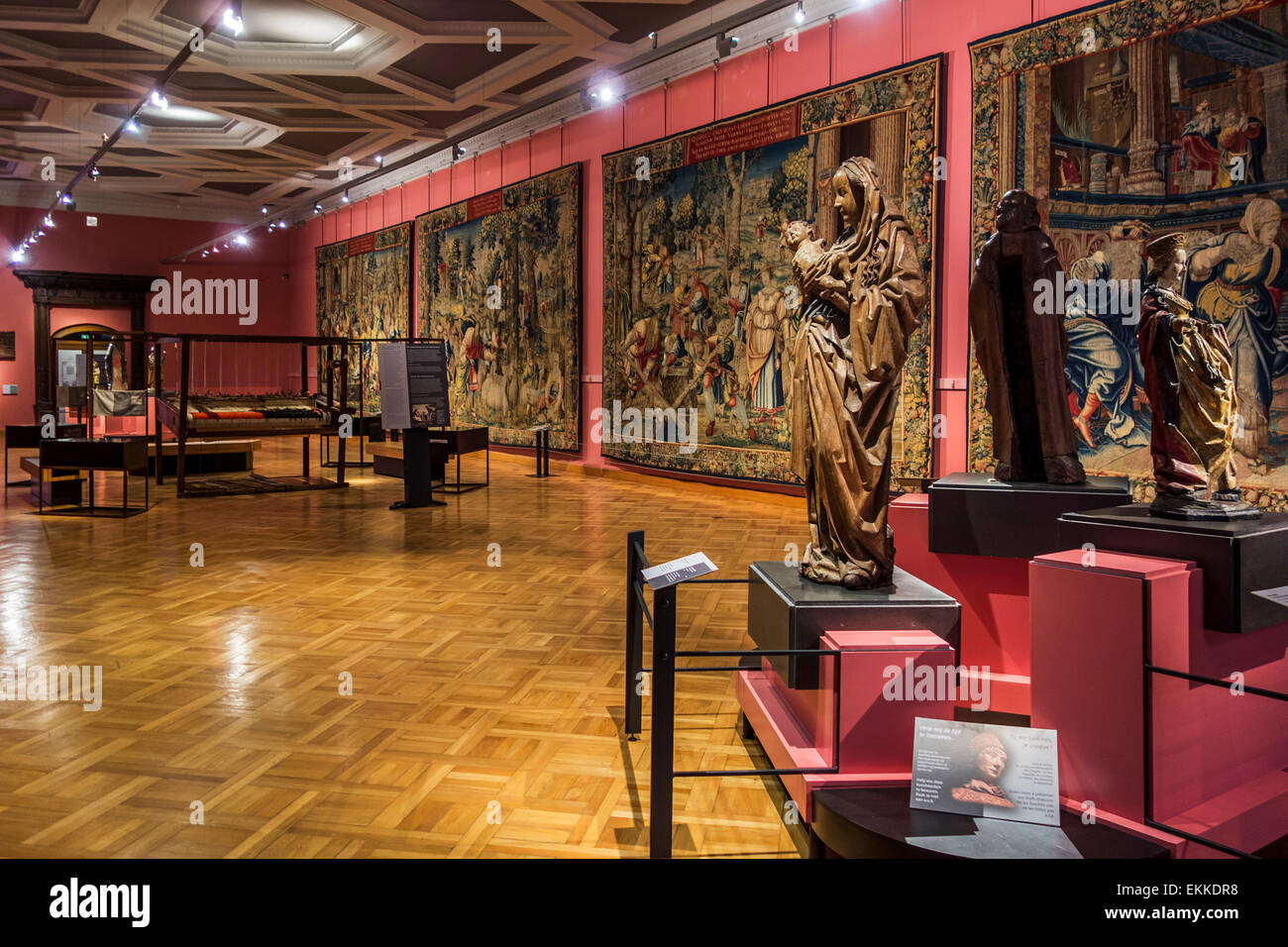 16th century wooden sculptures and tapestries in the Cinquantenaire Museum / Jubelparkmuseum in Brussels, Belgium Stock Photo