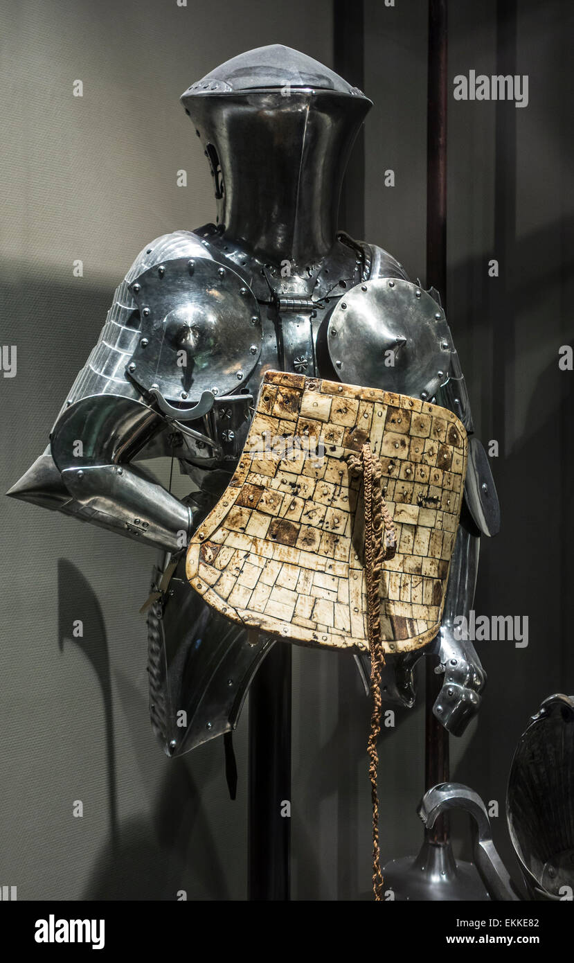 Medieval jousting armour with bascinet and ivory shield Stock Photo