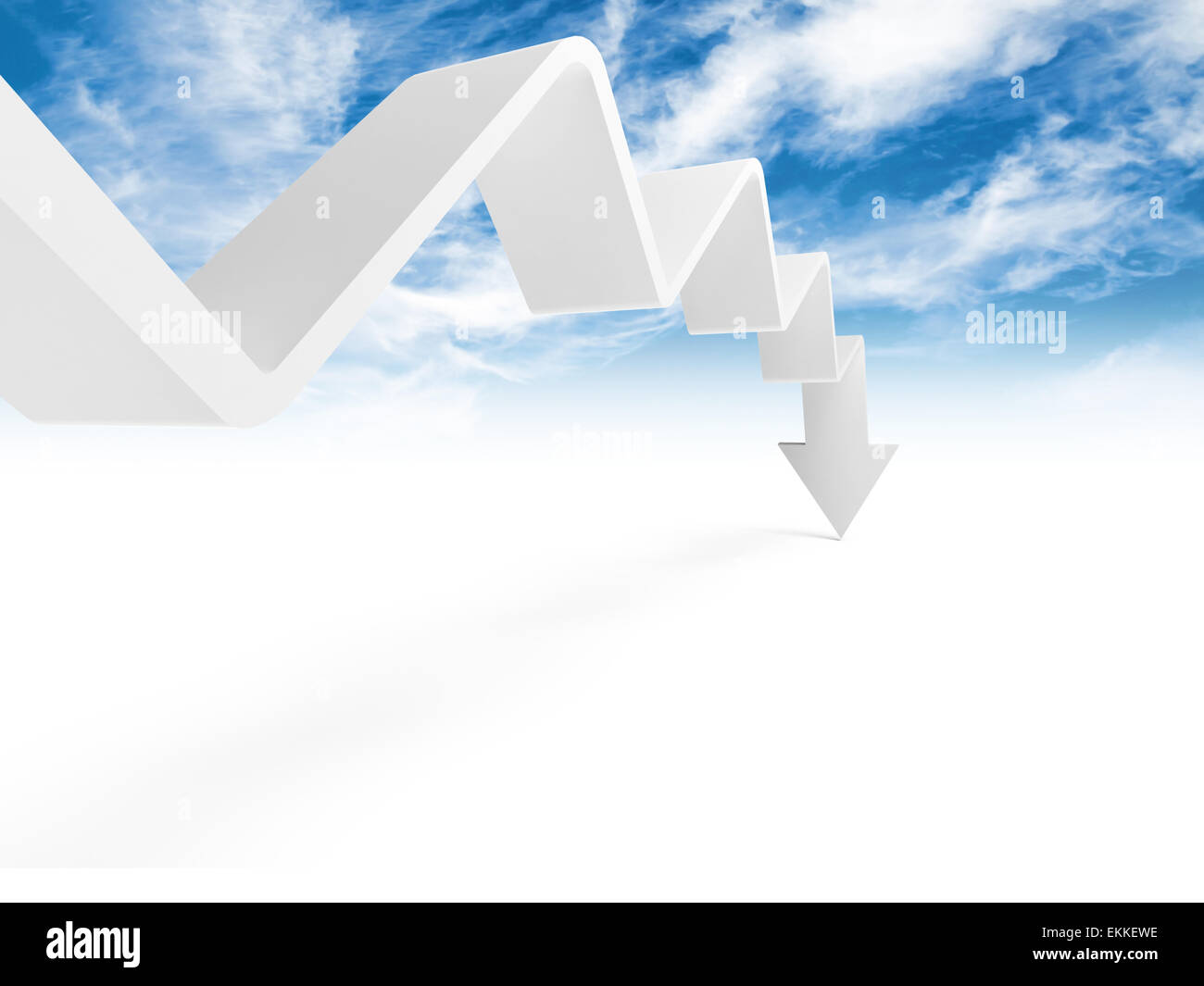 Broken trend line with arrow on the end is going down, 3d illustration with cloudy sky photo background Stock Photo