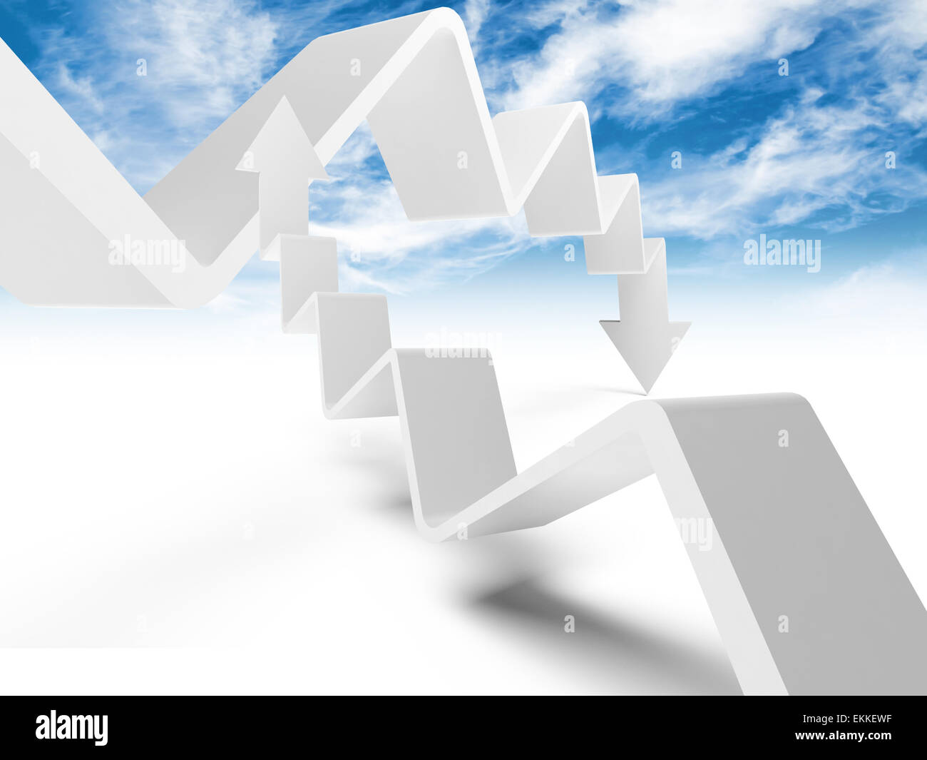 Two broken trend lines with arrows are going up and down, 3d illustration with cloudy sky photo background Stock Photo