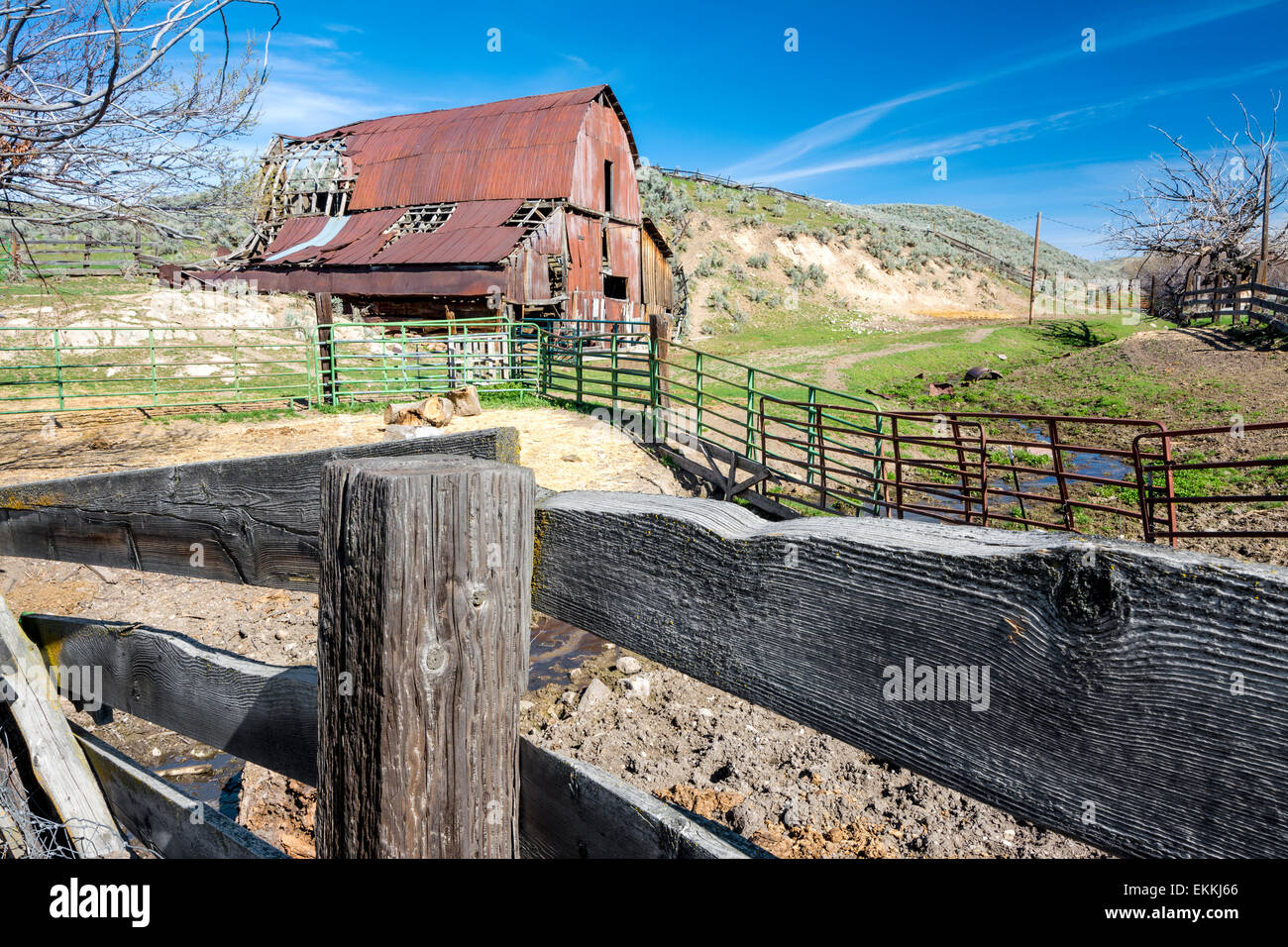 Corral and barn at an Idaho farm Stock Photo