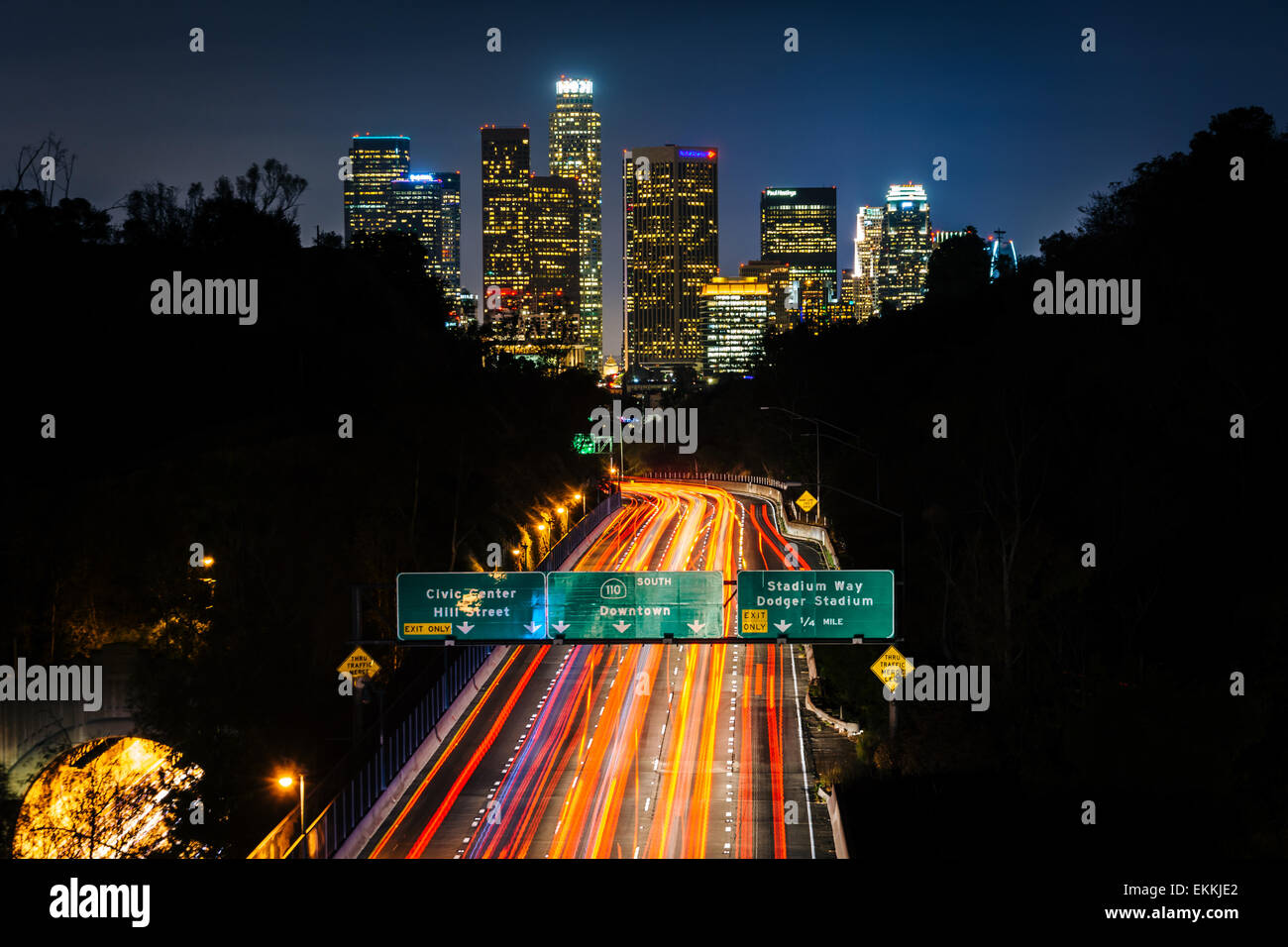 View of the 110 Freeway and downtown Los Angeles Skyline at night, from