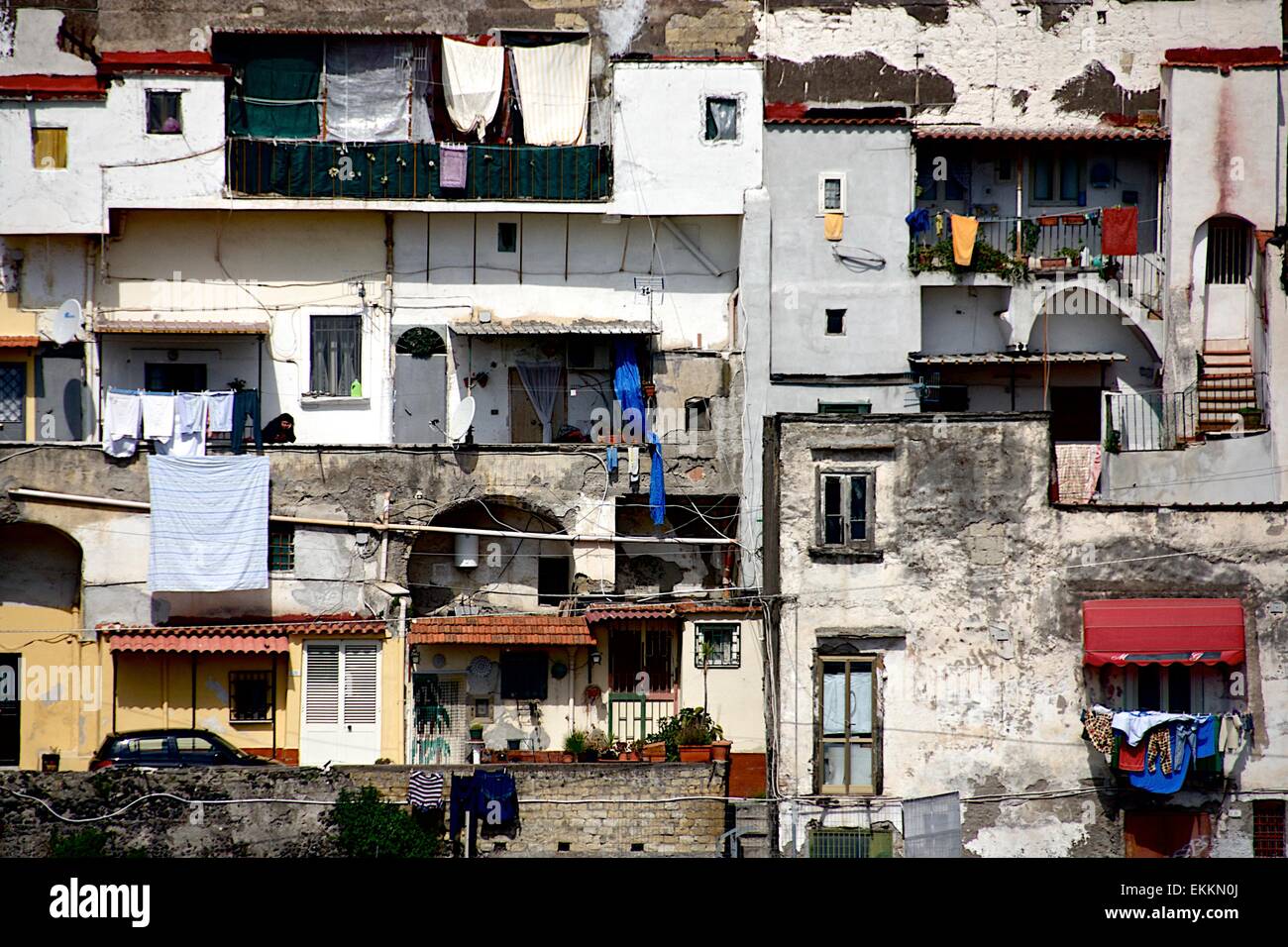 Homes in Ercolano, a poor suburb of Naples, Italy showing living