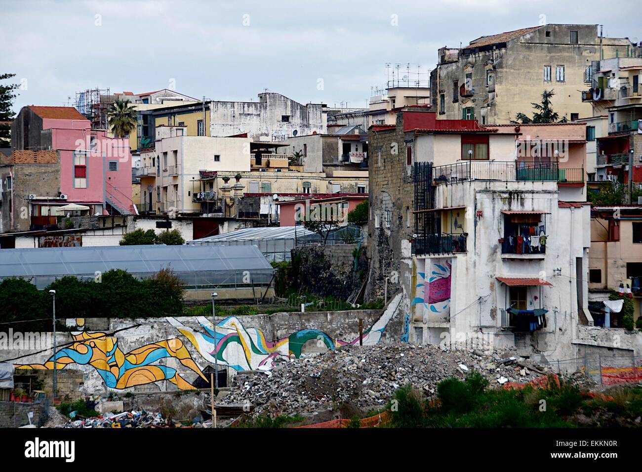 Homes in Ercolano, a poor suburb of Naples, Italy showing living Stock