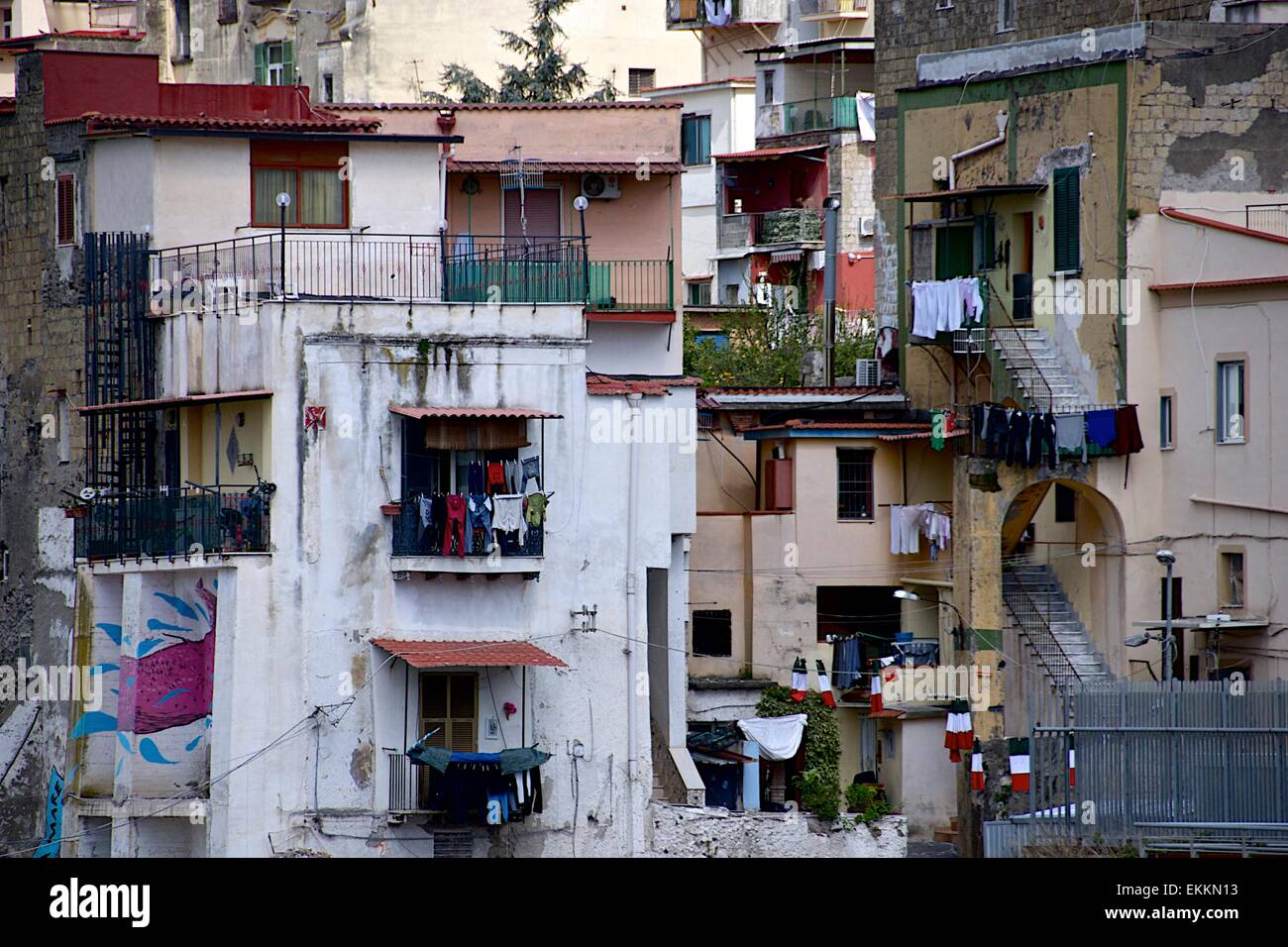 Homes in Ercolano, a poor suburb of Naples, Italy showing living
