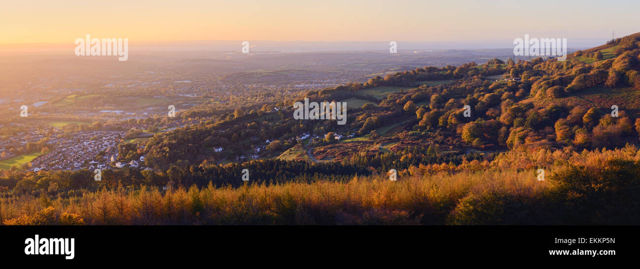 An autumnal morning on the mountain mynydd maen, overlooking Cwmbran town, Newport and onto the Severn Estuary, Wales. Stock Photo