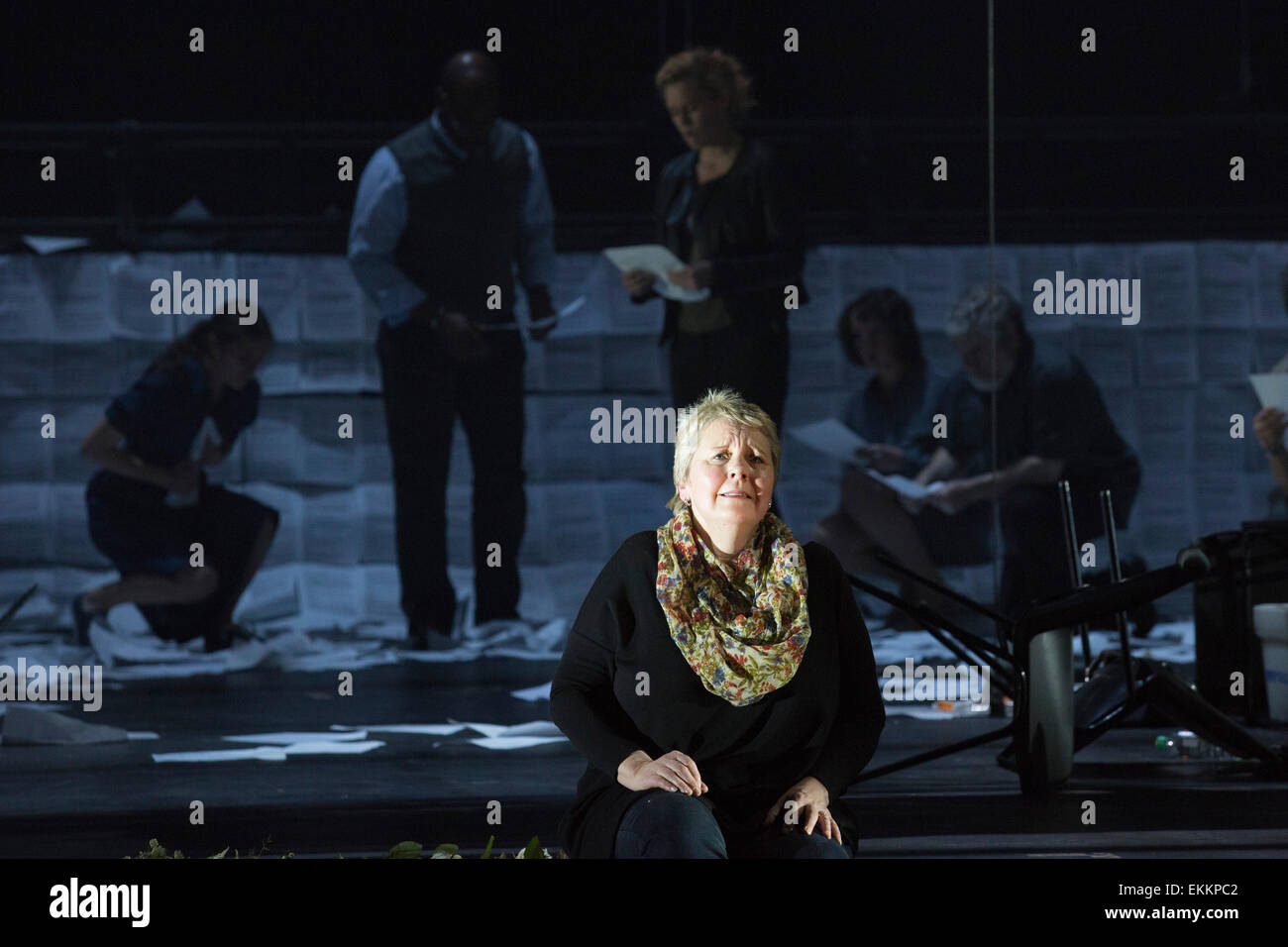 Susan Bickley as Mother. Deborah Warner directs the world premiere of Tansy Davies's first opera 'Between Worlds' inspired by the terrorist attacks on the World Trade Center in New York City on 9/11 at the Barbican Theatre, London, United Kingdom. The opera conducted by Gerry Cornelius will run for 8 performances a the Barbican from 11 April 2015. An English National Opera production. With Andrew Watts as Shaman, Eric Greene as Janitor, Rhian Lois as Younger Woman, Clare Presland as Realtor, William Morgan as Younger Man, Phillip Thodes as Older Man, Susan Bickley as Mother, Philipp Sheffield  Stock Photo