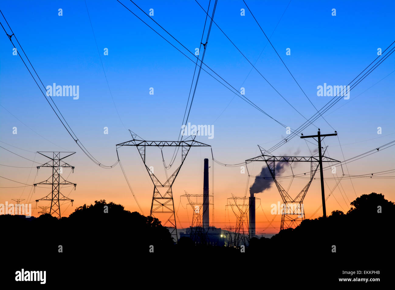 Coal fired plant and poser lines in Tennessee Stock Photo