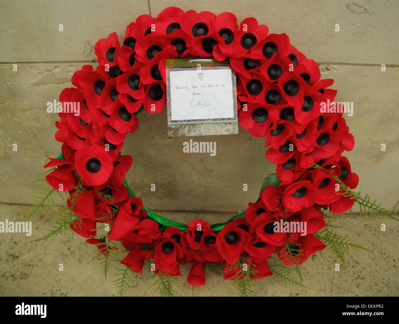 A wreath and self-penned note laid by Prince William at a Fields in Trust event at the War Memorial Park, Coventry UK July 2014. Stock Photo