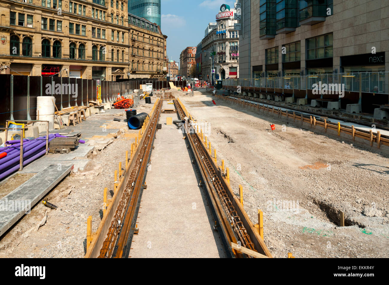 Tram tracks at the site of the future Metrolink tram stop, Exchange Square, Manchester, England, UK. Stock Photo