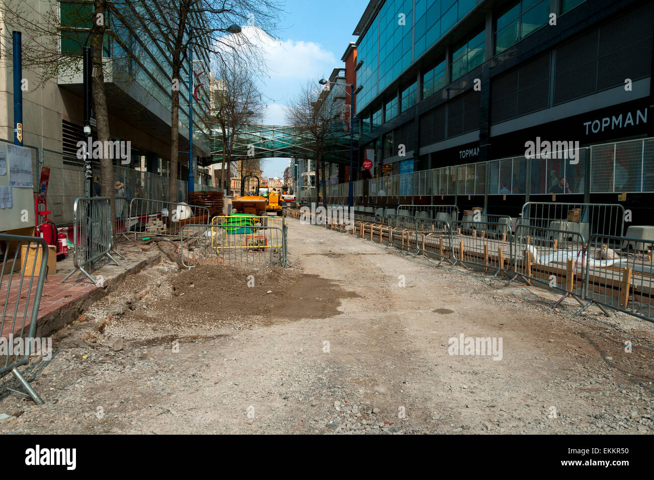 Preparing the foundations for future Metrolink tram tracks on Corporation Street, Manchester, England, UK Stock Photo
