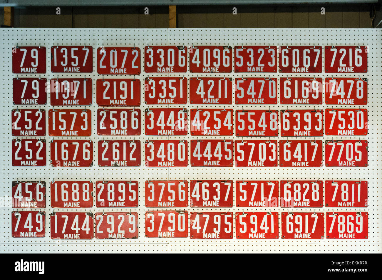 Antique license plates at the Seal Cove Auto Museum, Maine. Stock Photo