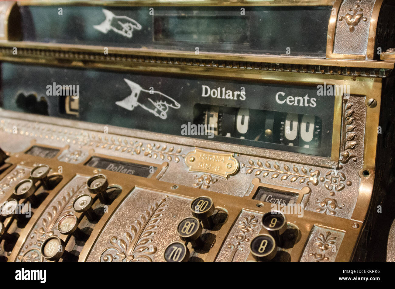 An antique cash register at the Seal Cove Auto Museum, Maine Stock