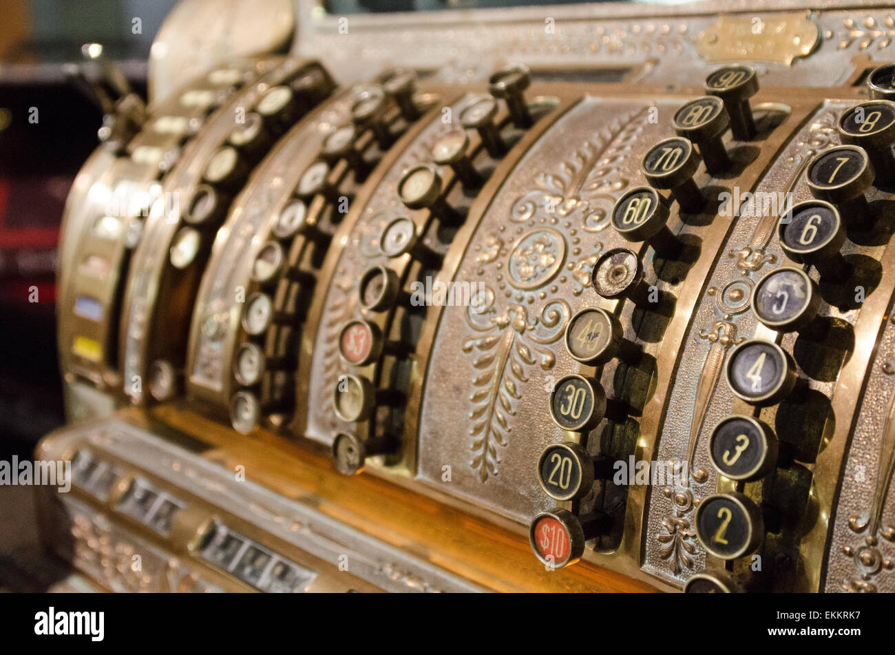 Number keys on an antique cash register at the Seal Cove Auto Museum