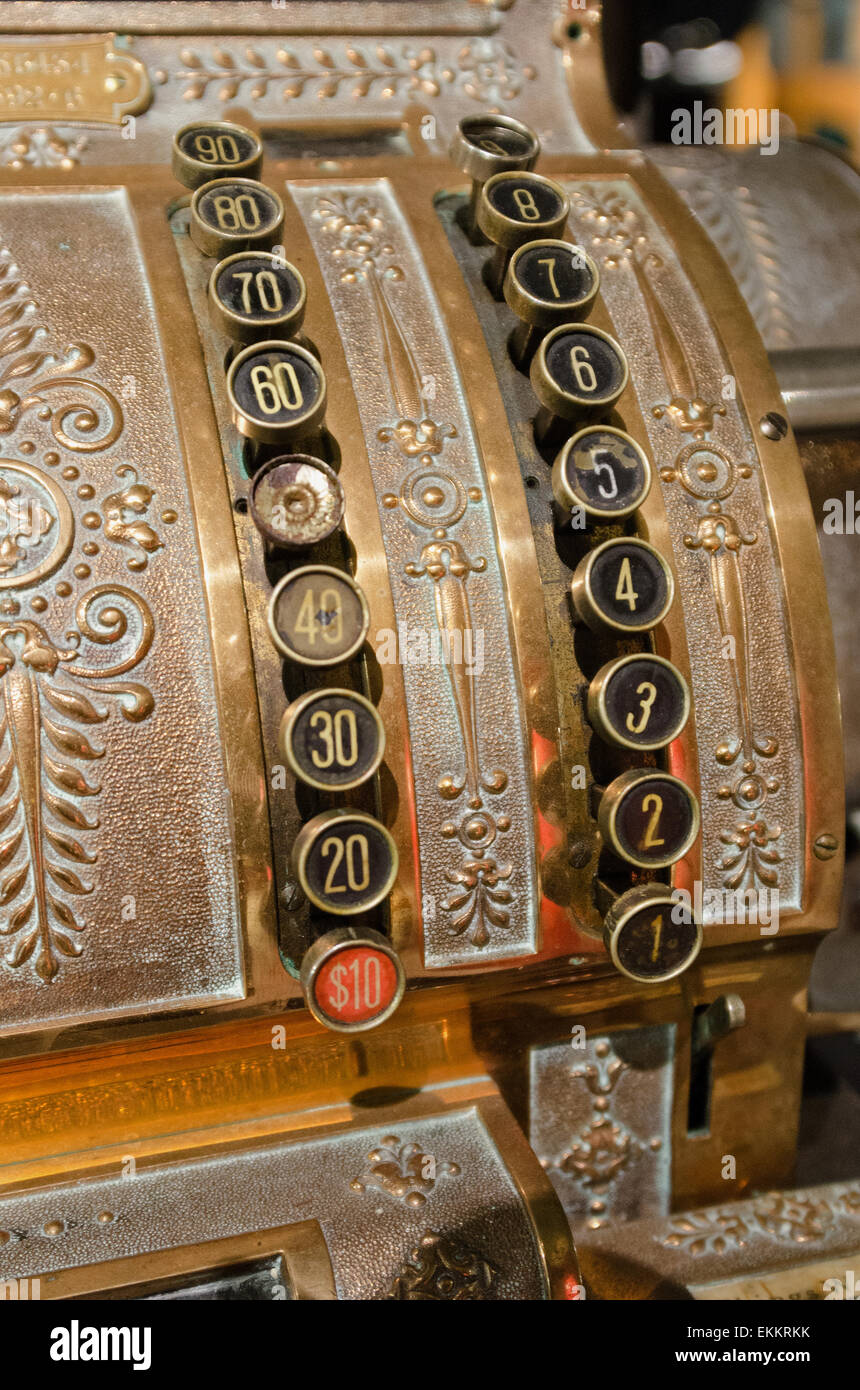 Number keys on an antique cash register at the Seal Cove Auto Museum