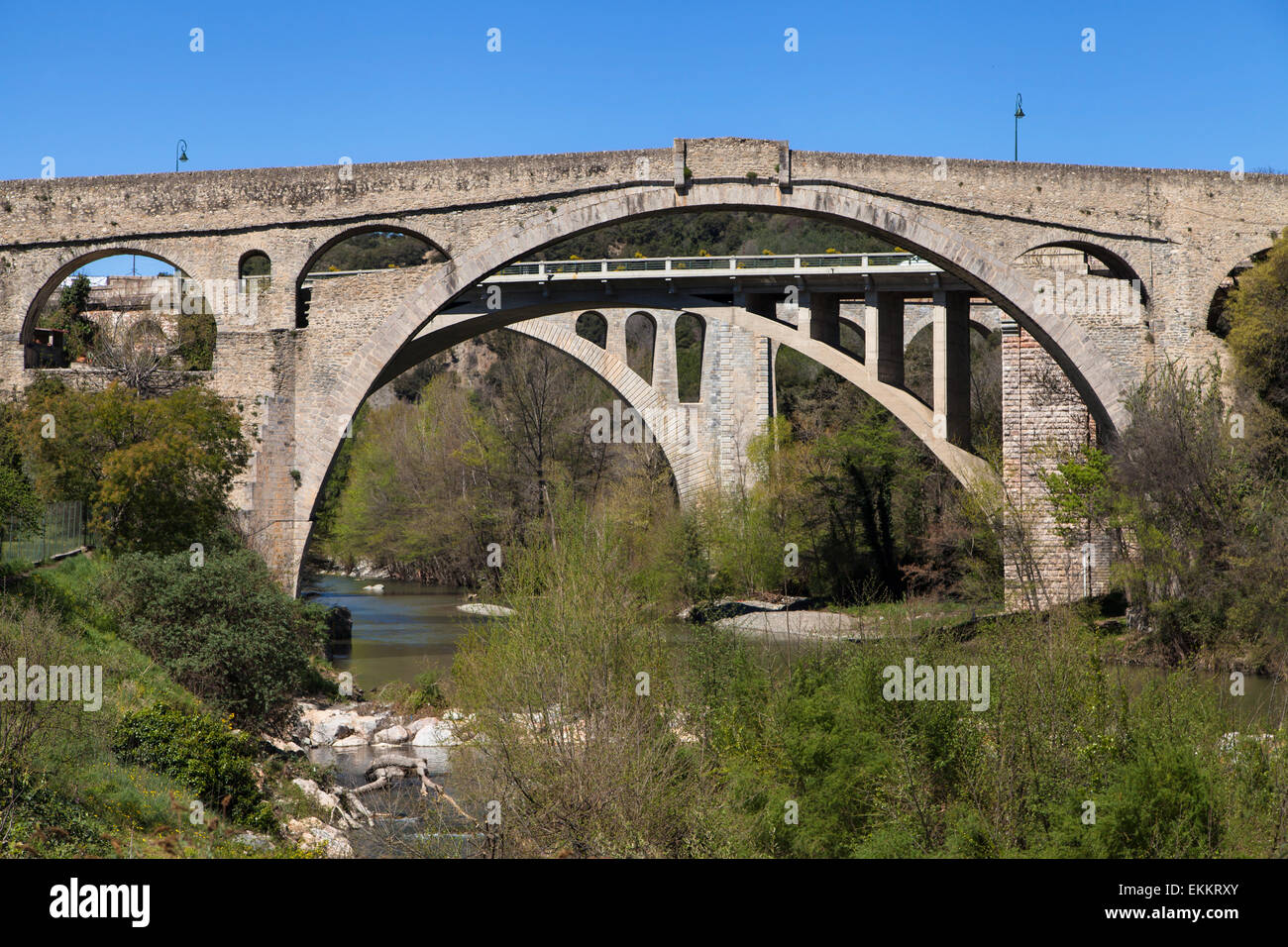 Medieval stone arch bridge Pont du Diable in Ceret, Languedoc-Roussillon, France. Stock Photo