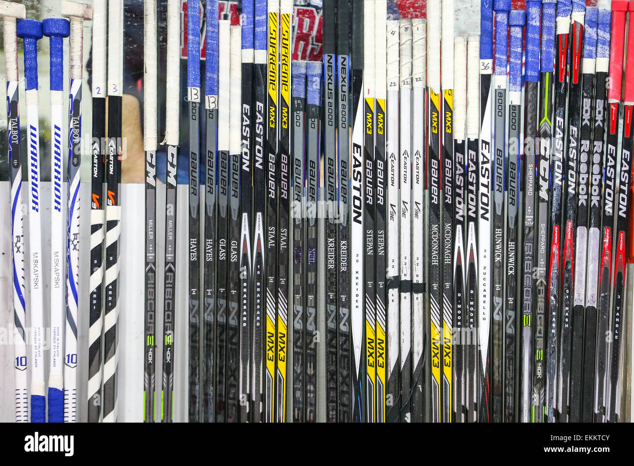 New York Rangers hockey sticks during the NHL game between the New York Rangers and the Carolina Hurricanes at the PNC Arena. The Rangers defeated the Carolina Hurricanes 3-2 in Overtime. Stock Photo
