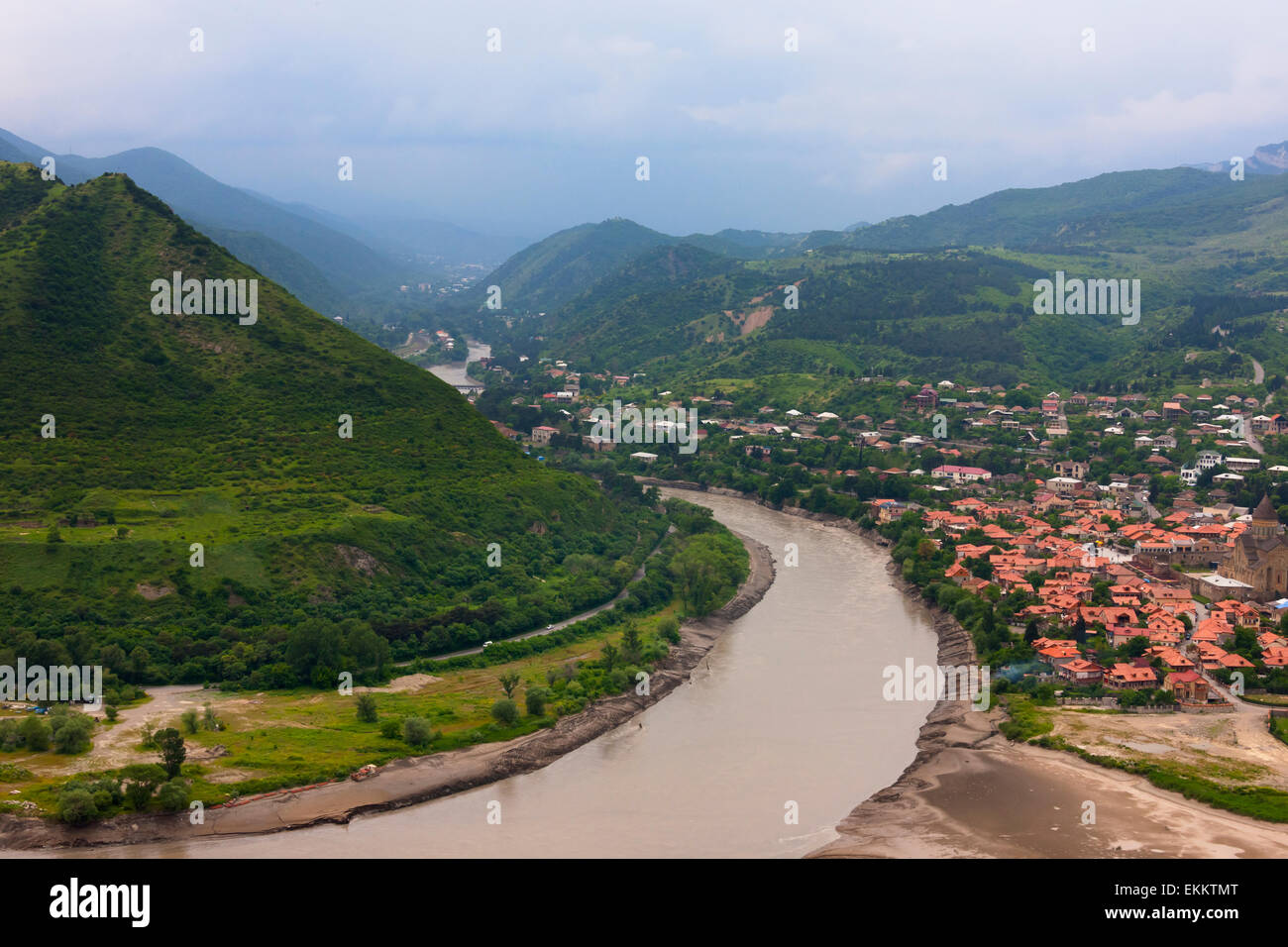 Mtskheta on the confluence of the Aragvi and Kura rivers, Georgia Stock Photo