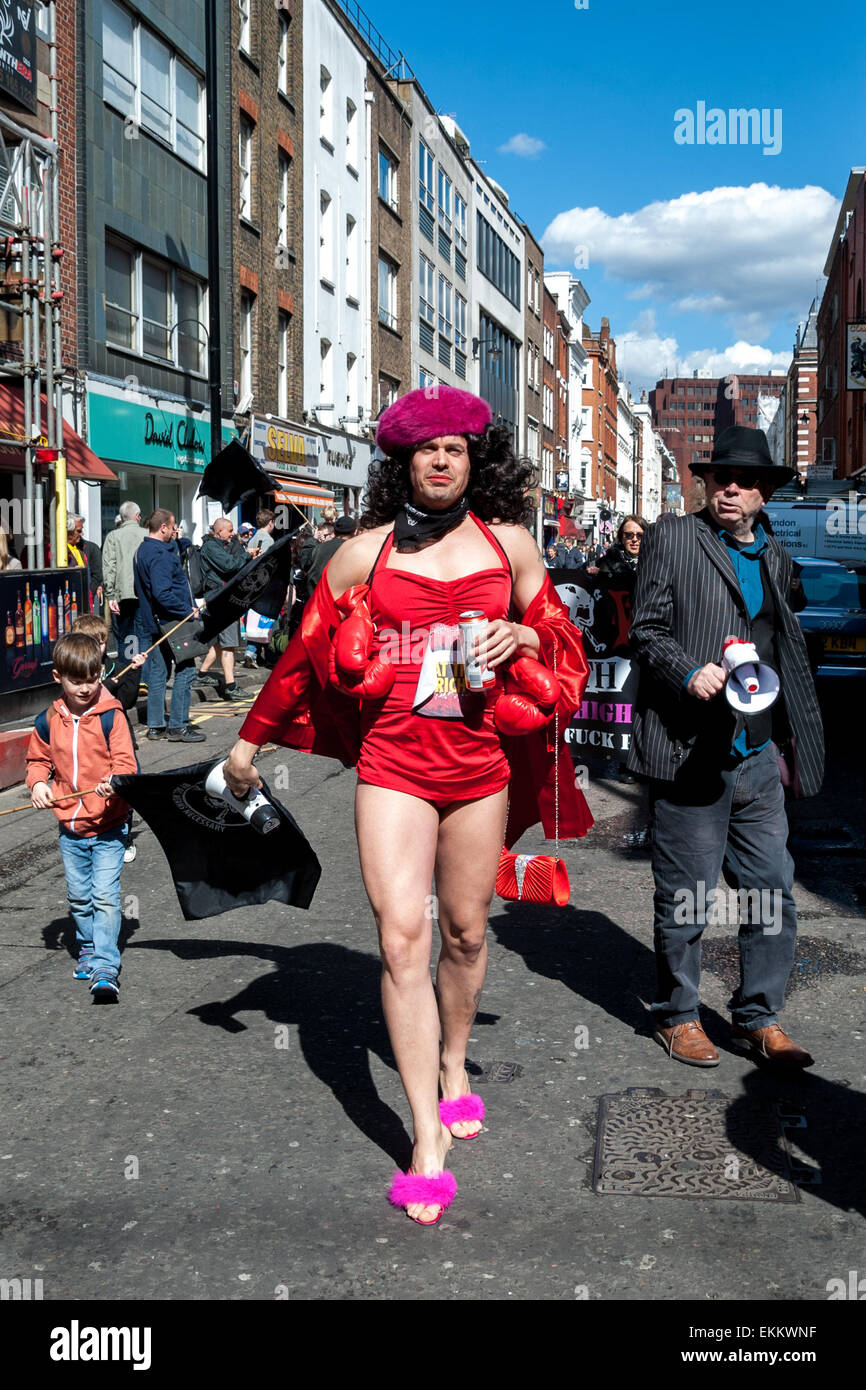 London, UK. 11 April, 2015. Adam Clifford aka Jimmy Kunt, the Class War Candidate for the City of London and Westminster in the upcoming General Election, doing his election rounds in Soho. Credit: Pete Maclaine/Alamy Live News Stock Photo