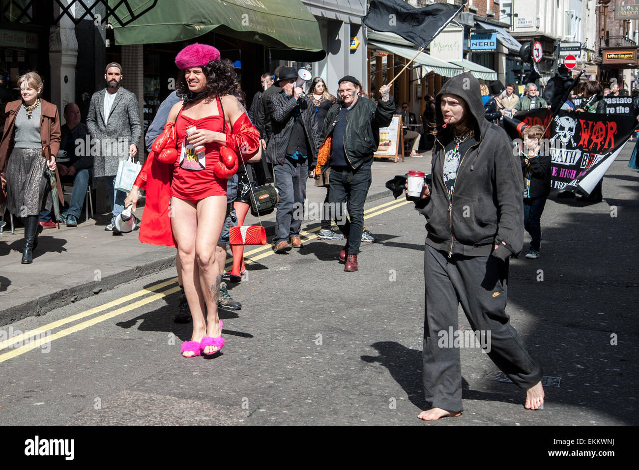 London, UK. 11 April, 2015. Adam Clifford aka Jimmy Kunt, the Class War Candidate for the City of London and Westminster in the upcoming General Election, doing his election rounds in Soho. Credit:  Pete Maclaine/Alamy Live News Stock Photo