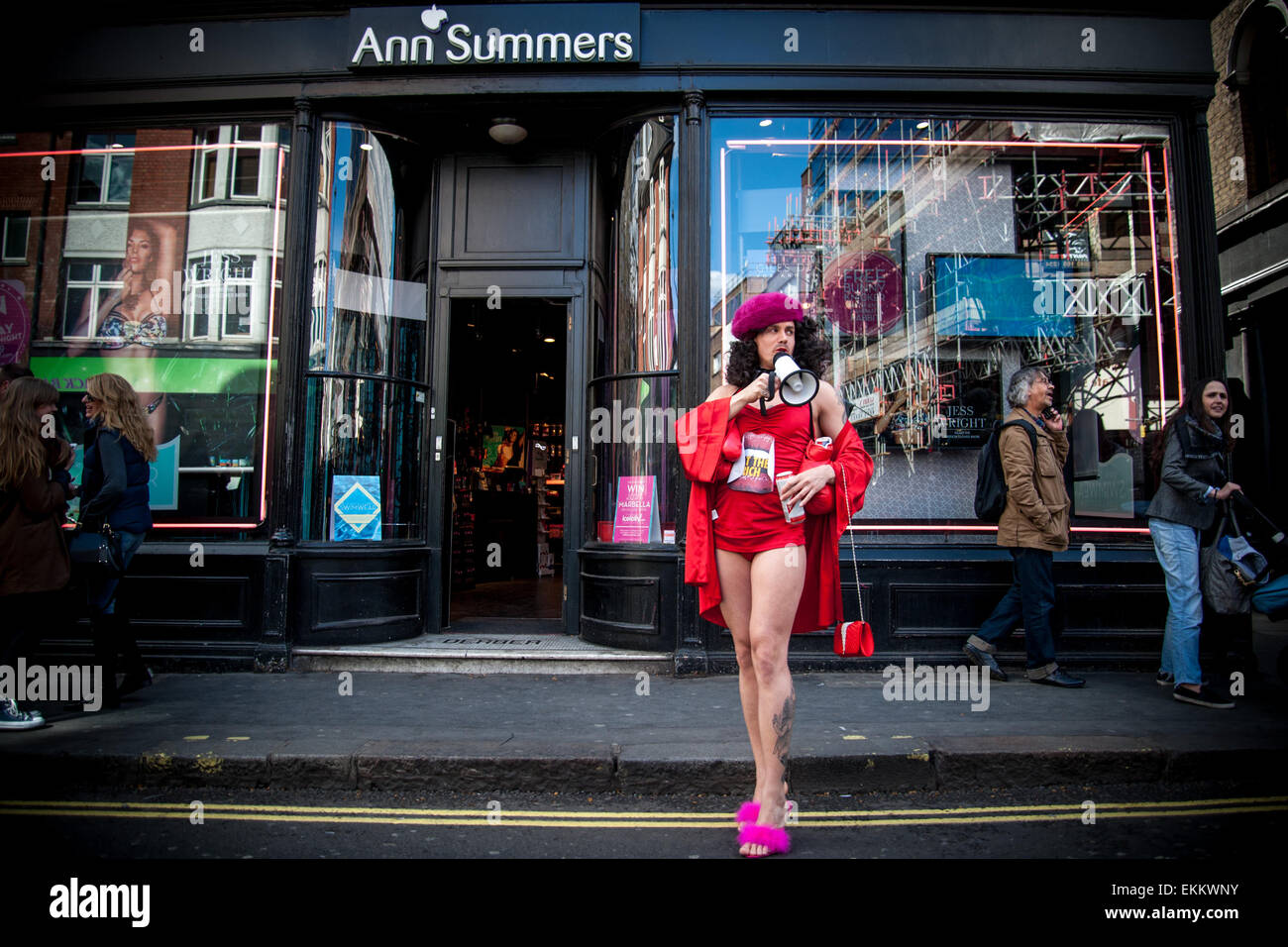 London, UK. 11 April, 2015. Adam Clifford aka Jimmy Kunt, the Class War Candidate for the City of London and Westminster in the upcoming General Election, doing his election rounds in Soho. Credit:  Pete Maclaine/Alamy Live News Stock Photo