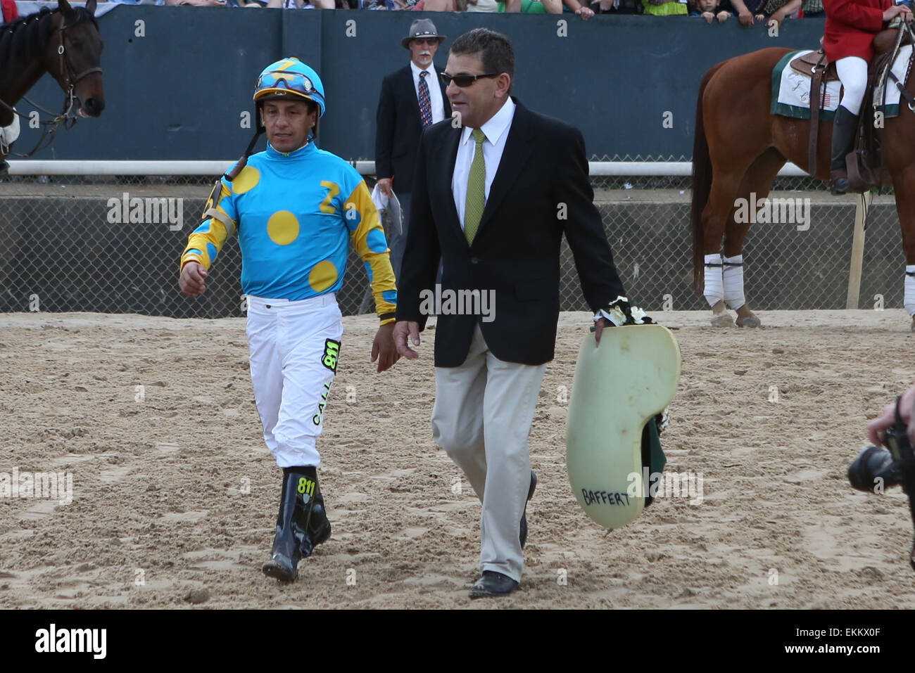 Hot Springs, Arkansas, USA. 11th Apr, 2015. Co-trainer Jimmy Barnes and jockey Victor Espinoza after the Arkansas Derby at Oaklawn Park in Hot Springs, AR. Justin Manning/ESW/CSM/Alamy Live News Stock Photo