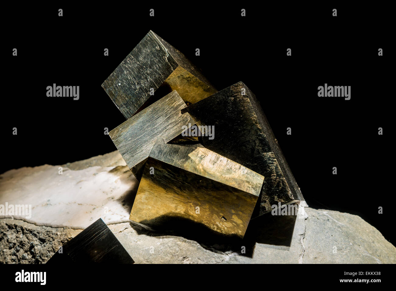 Cubic shaped mineral pyrite, iron sulfide, FeS2. Stock Photo