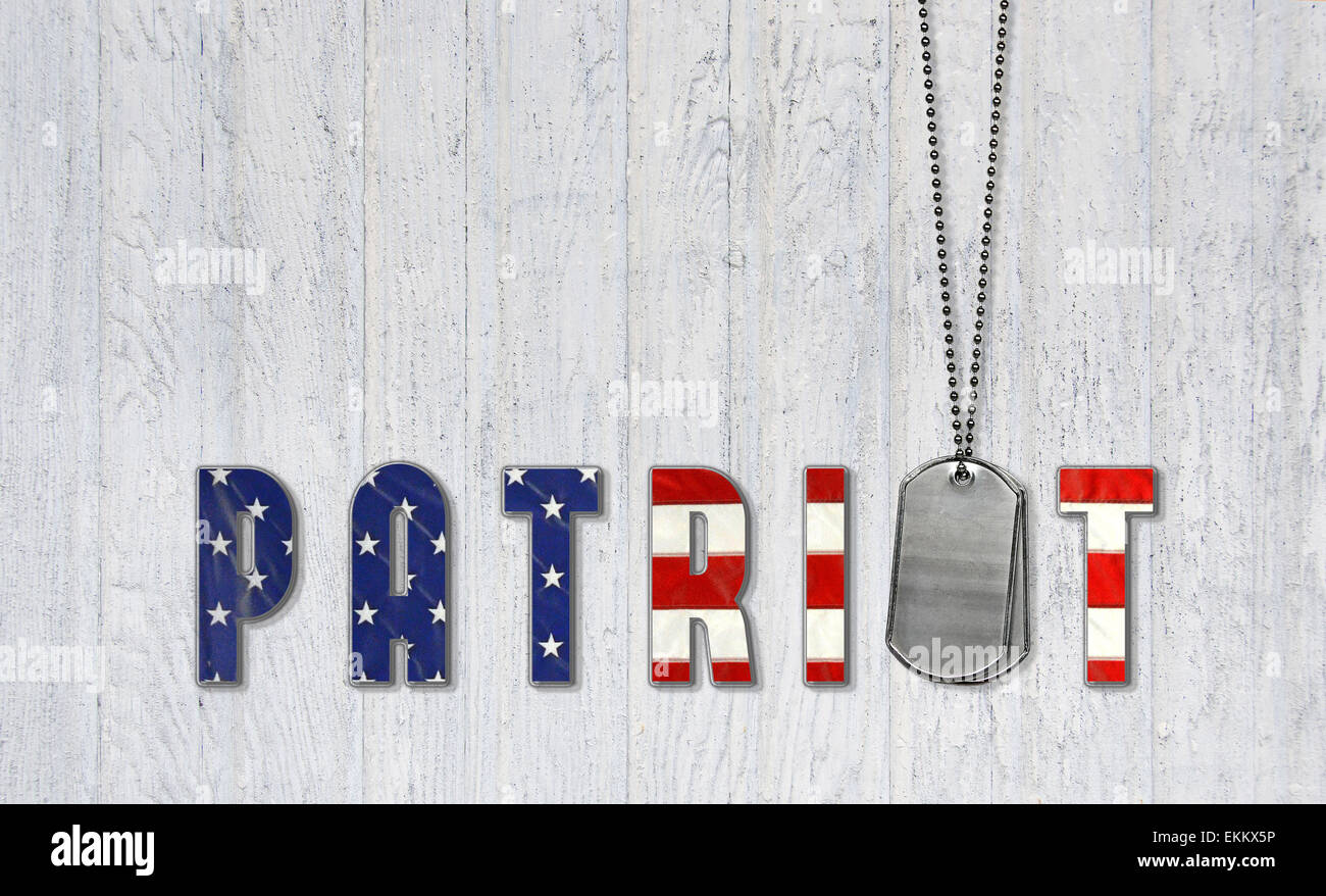 Military dog tags on weathered gray wood with flag font for patriot. Stock Photo