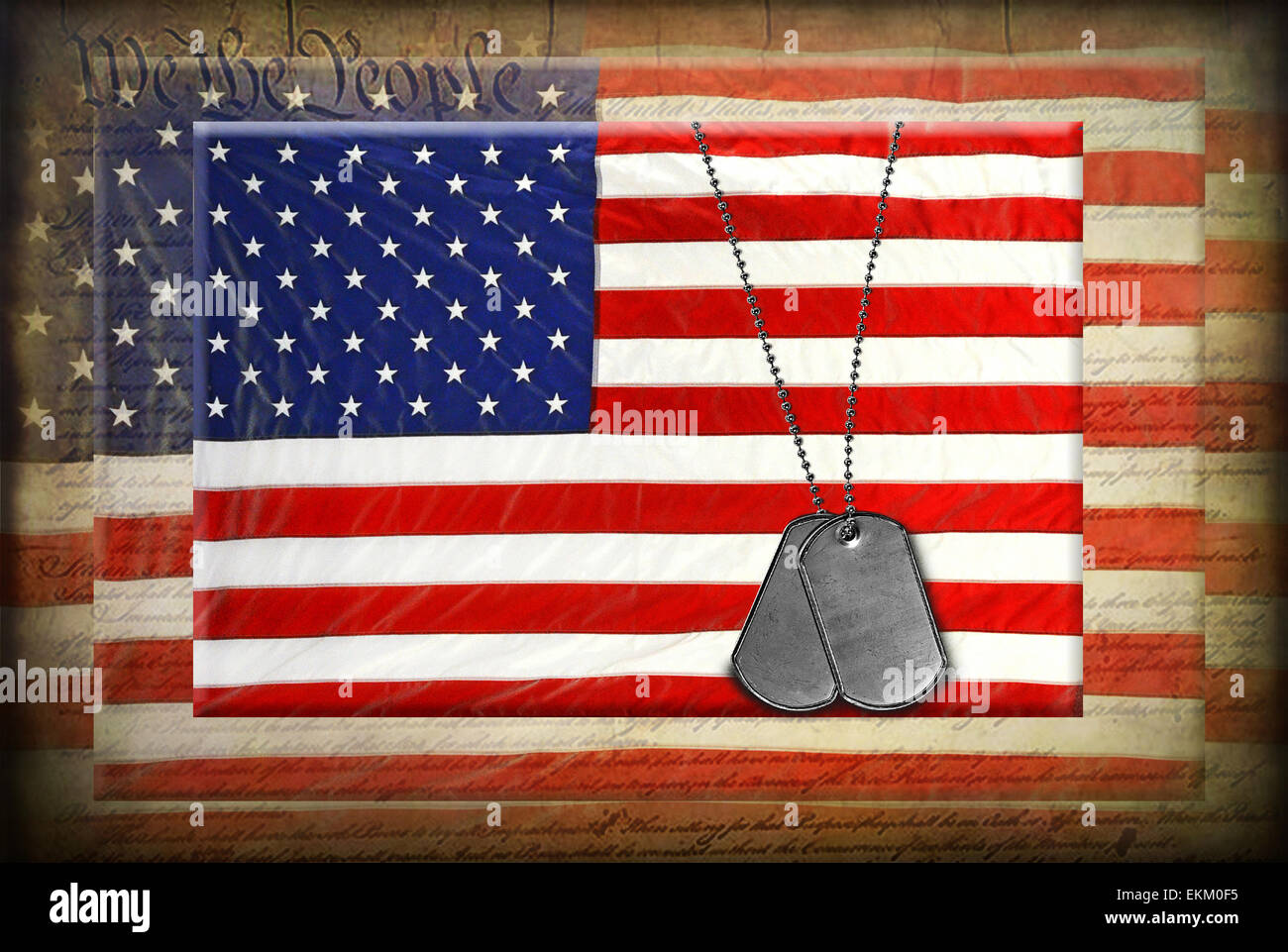 Military dog tags on an American flag with textured layers. Stock Photo