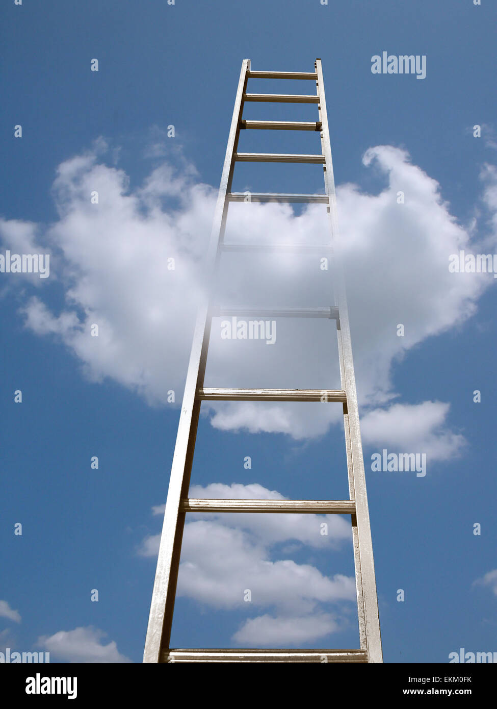 Aluminum ladder reaching into a cloud. Stock Photo
