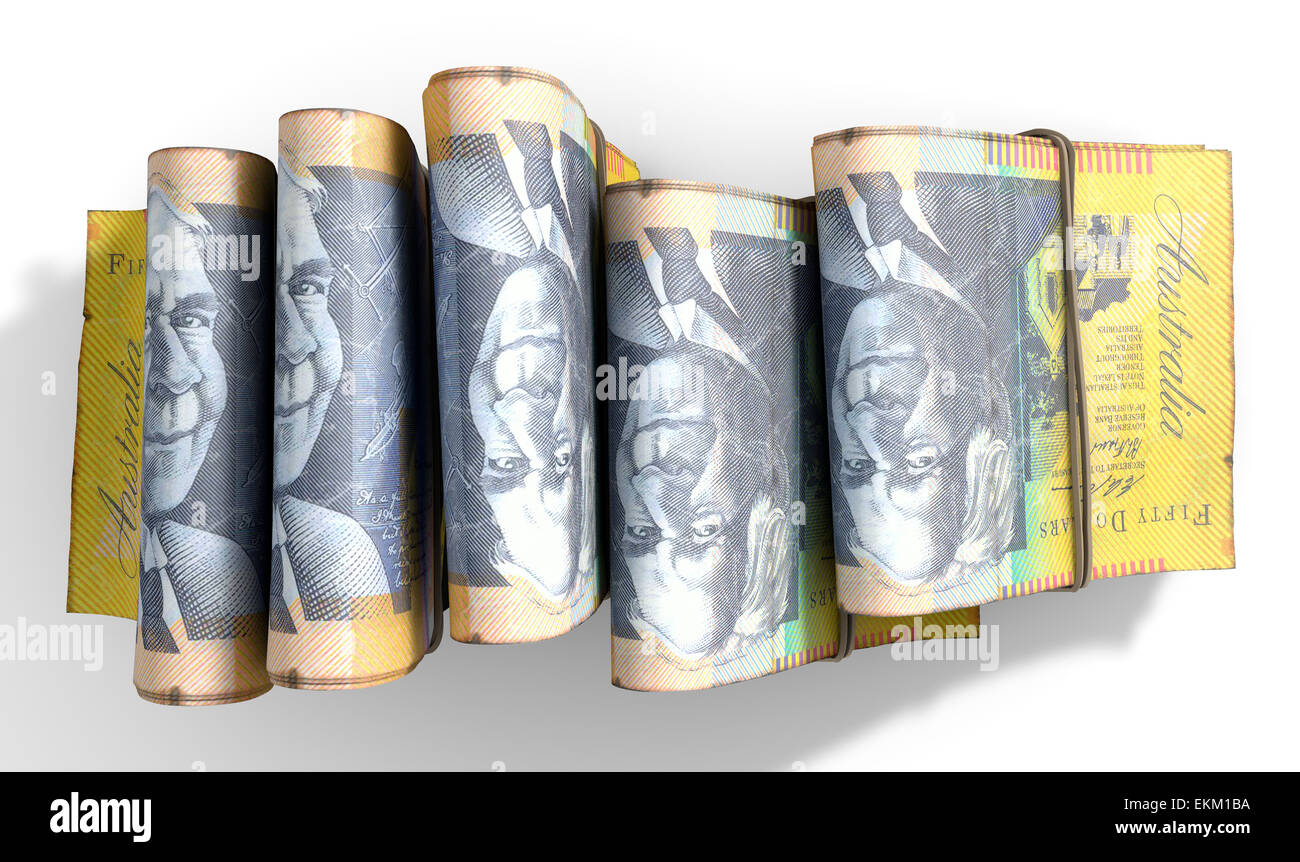 A close-up view of five wads of folded over stacks of australian dollar ...
