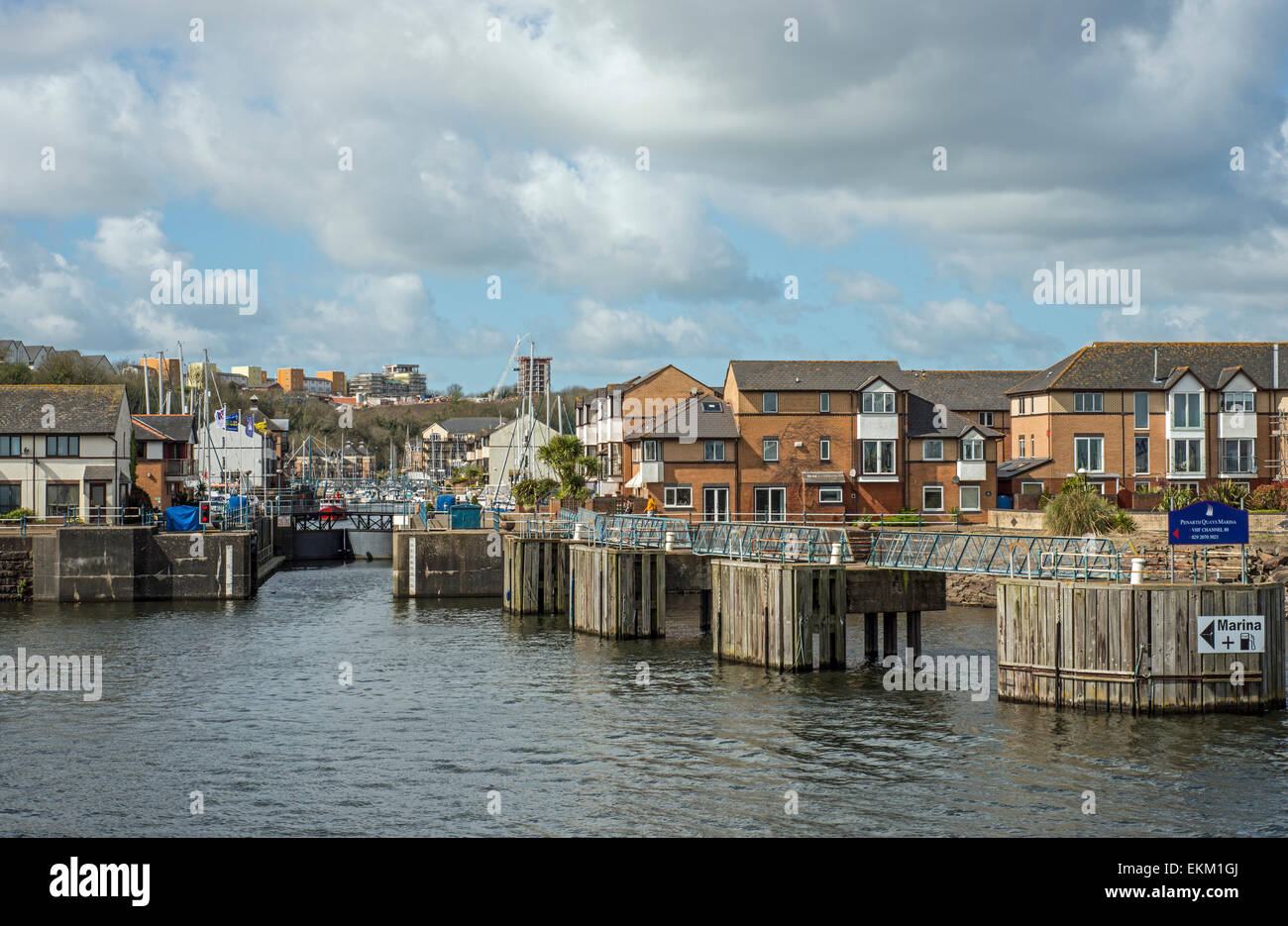 Entrance off Cardiff Bay Lake into Penarth Marina with flats and