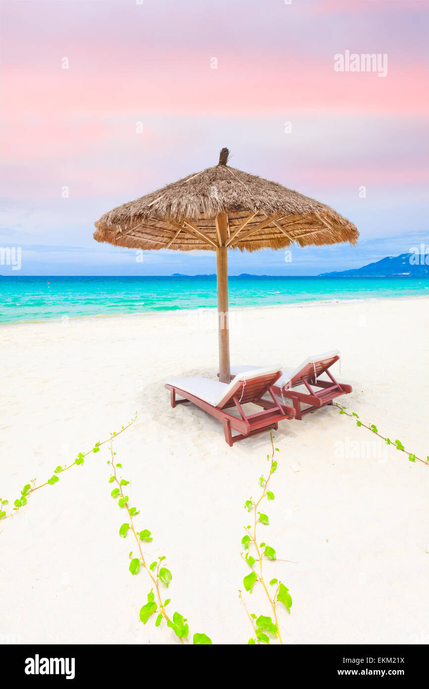 Sandy tropical beach with a deck chairs Stock Photo