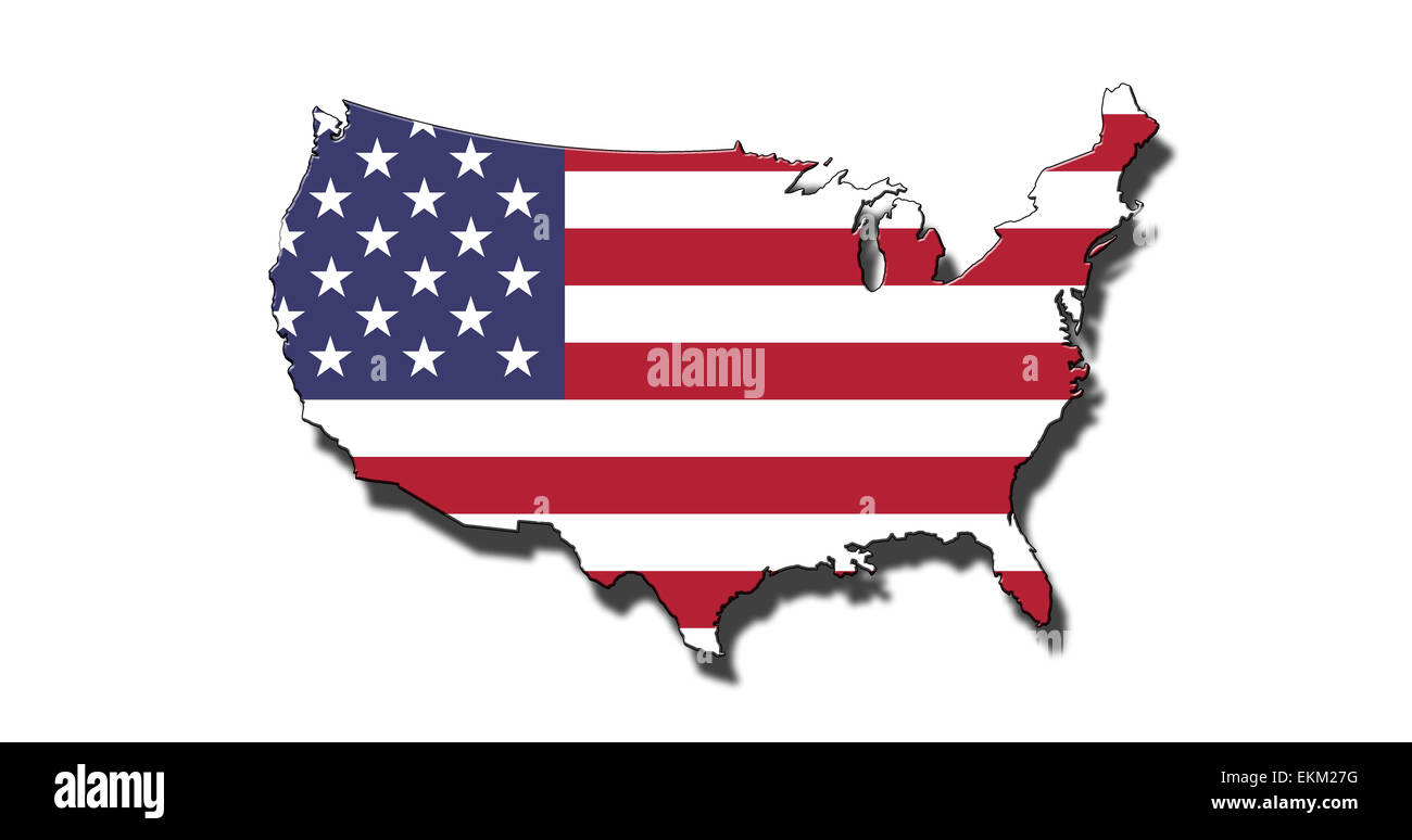 Outline of national boundary of United States of America filled with USA flag. Isolated on white background and dropping a shado Stock Photo