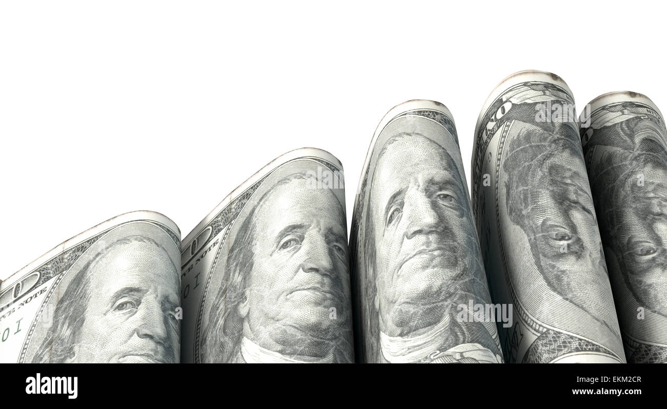 A close-up view of five wads of folded over stacks of us dollar ...