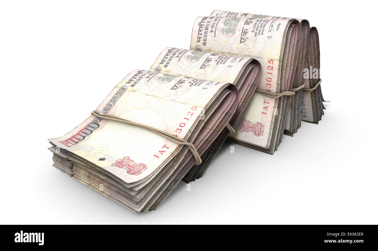 A closeup view of five wads of folded over stacks of indian rupee