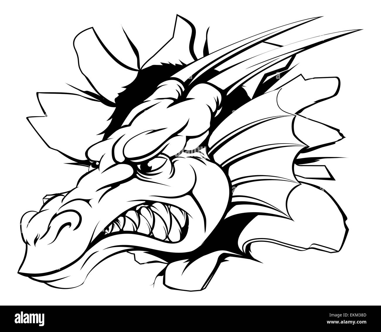 Dragon head smashing out of the wall or background Stock Photo