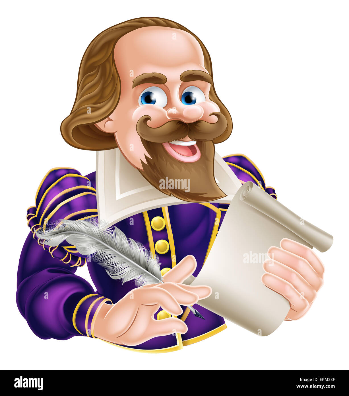 Cartoon of William Shakespeare holding a feather quill and scroll Stock Photo