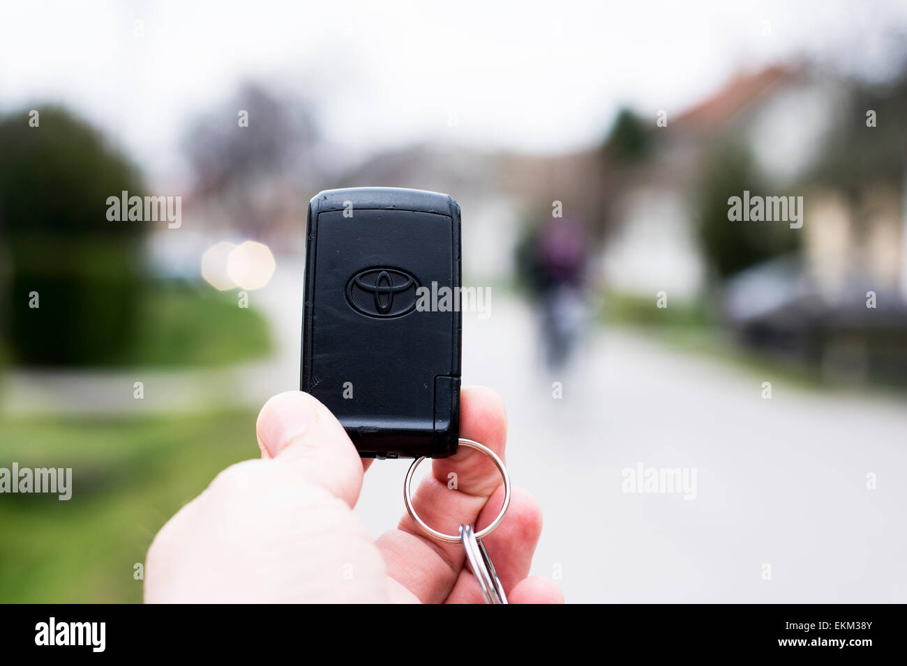 Sombor, Serbia - April 6 th,2015: Photo shooting of different car keys;Toyota Corrola Verso car key in hand outdoors on the stre Stock Photo